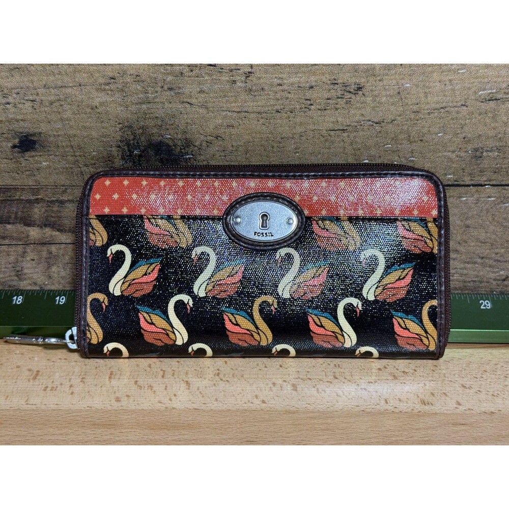 NEW Authentic Fossil Key-Per Brown/Orange Swan Print Card Wallet Fall Colors - Picture 2 of 16